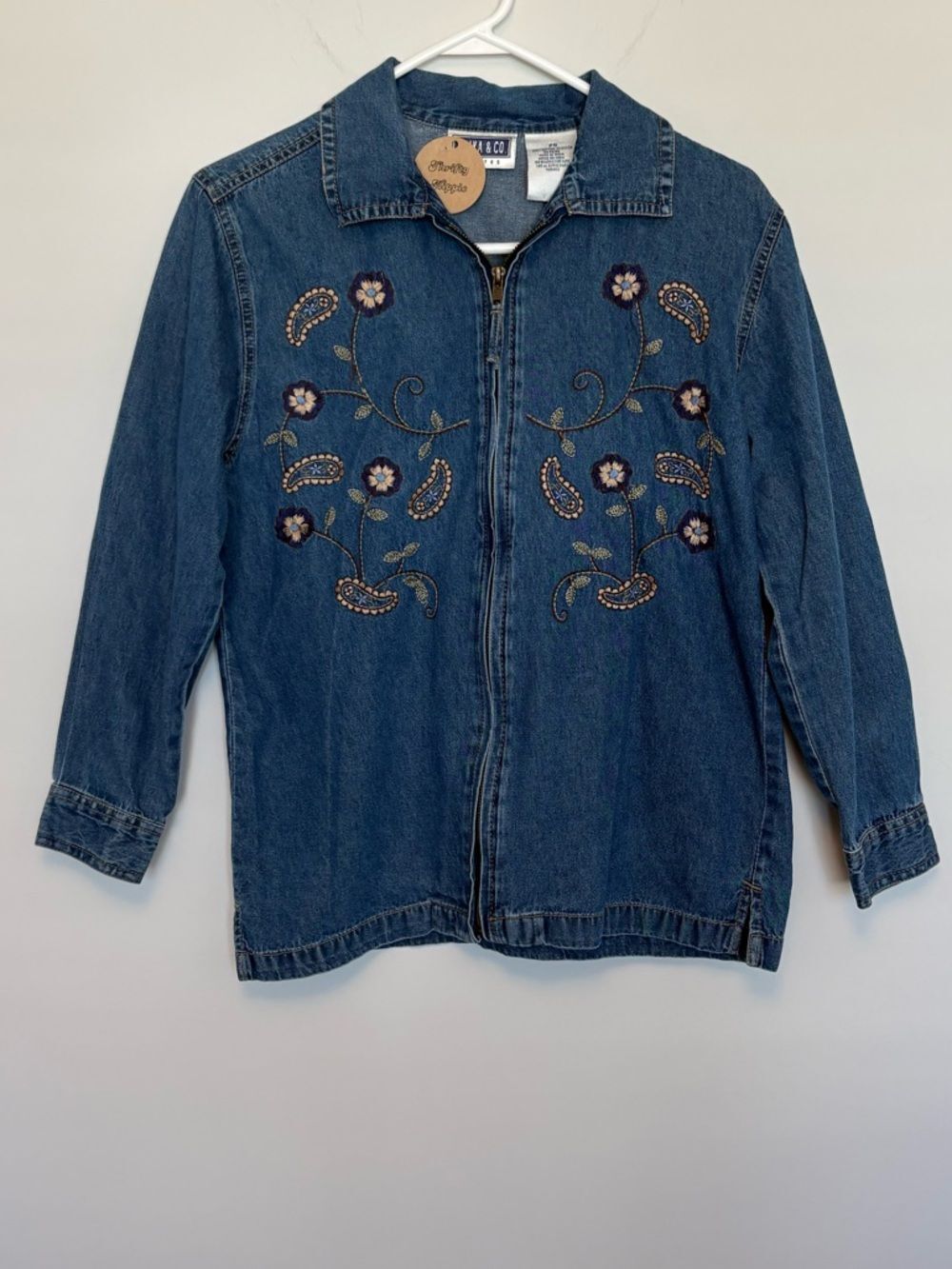 Vtg Erika & Co Embroidered Floral Denim Zip Up Jacket Petite Small